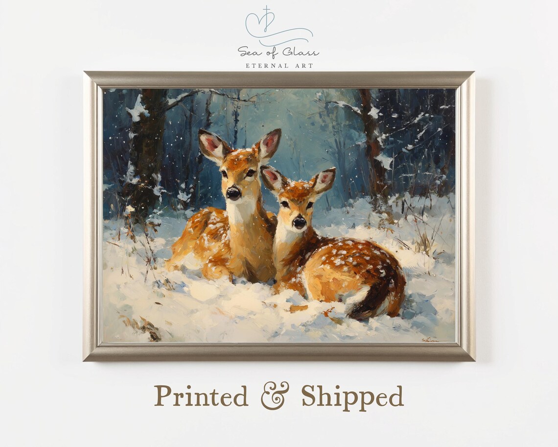 Two Deer Fawns Snowy Forest Winter Wildlife Oil Painting Poster