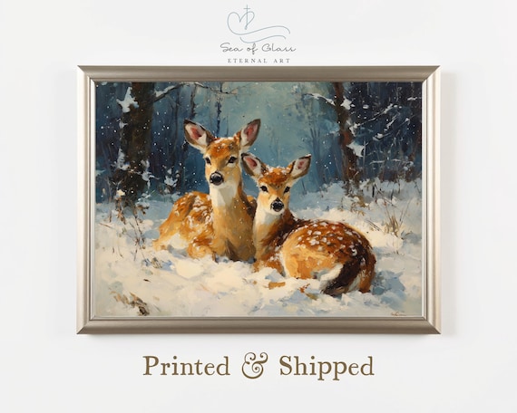 Winter Deer Painting Snowy Forest Wildlife Art Rustic Cabin Decor