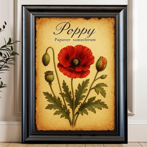 Vintage Poppy Botanical Print Papaver Somniferum Flower Poster Antique Floral Wall Art
