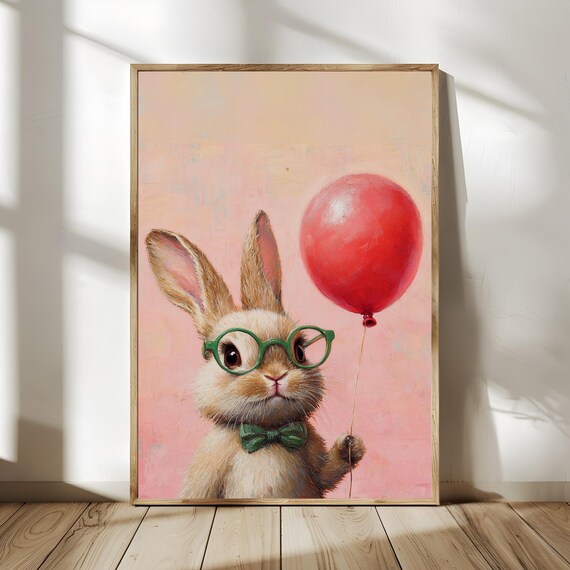 Cute Bunny With Red Balloon Green Glasses Bow Tie Nursery Art Poster