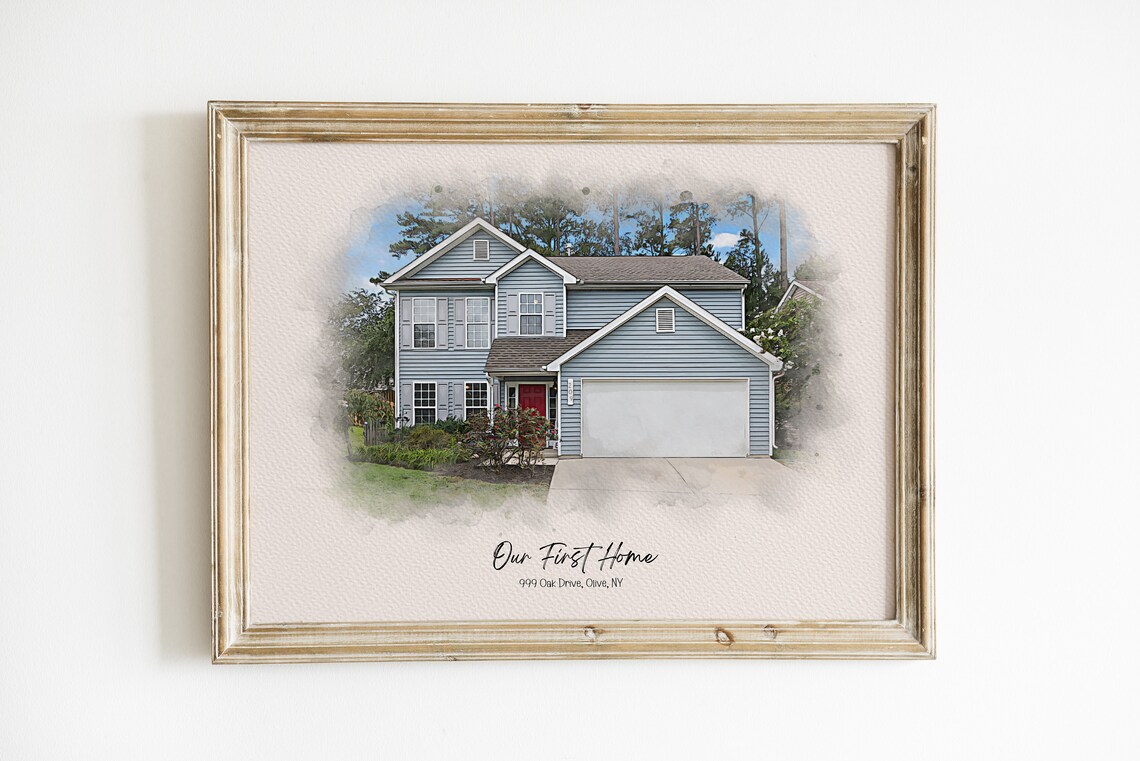 Our First Home Olive NY Soft Gray Sky Watercolor House Portrait Poster - Image 5