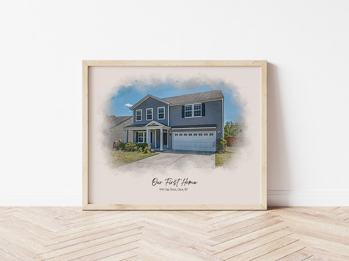 Our First Home Olive NY Soft Gray Sky Watercolor House Portrait Poster - Image 7