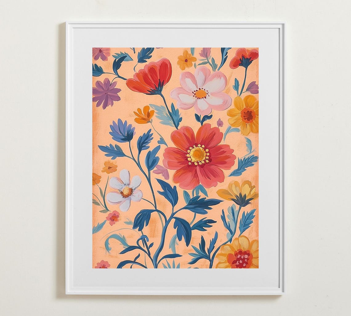 Abstract Coral And Red Flowers With Blue Leaves Peach Poster Art