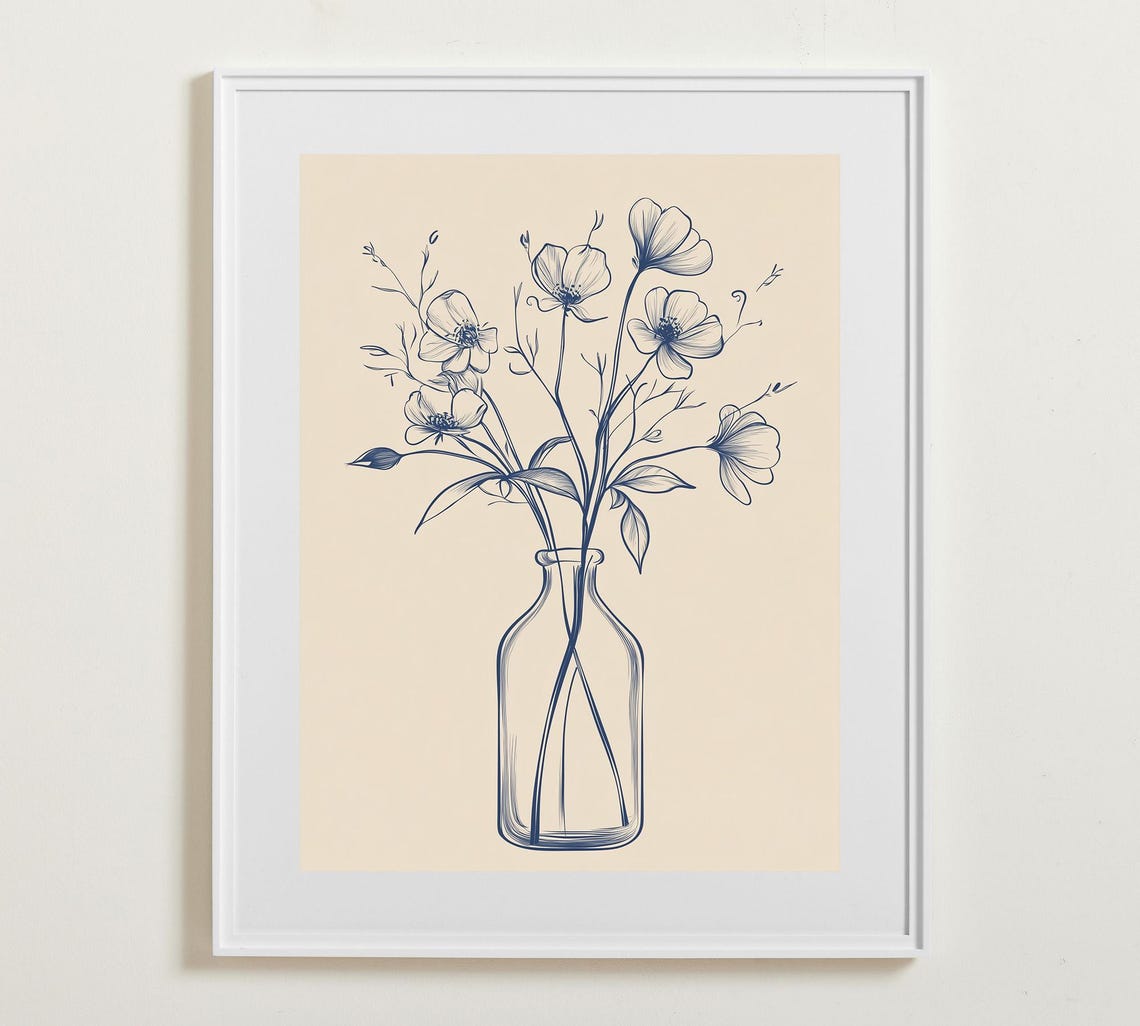 Blue Ink Botanical Line Drawing Flowers In A Bottle Vase Poster