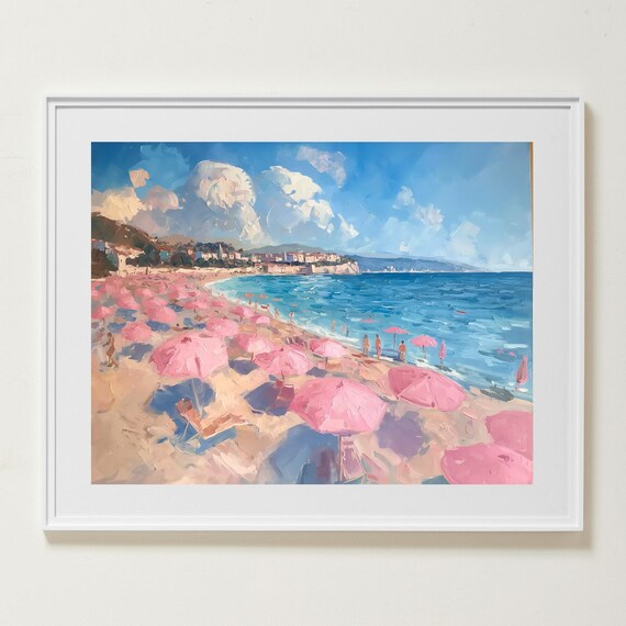 Beach with Pink Umbrellas and Turquoise Sea Oil Painting Poster
