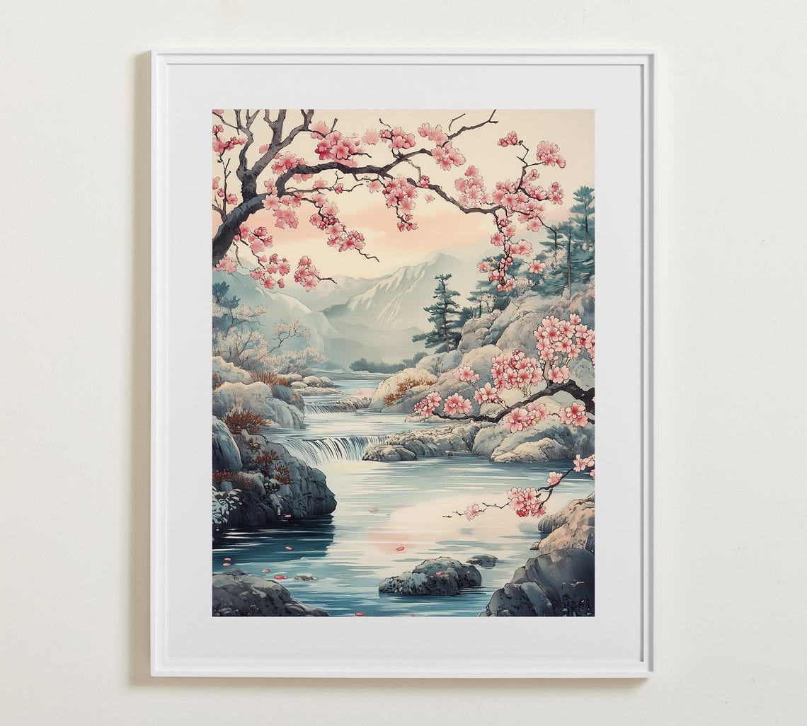 Japanese Cherry Blossom Waterfall Landscape Ukiyo E Style Poster