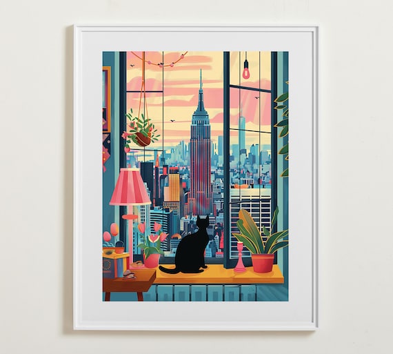 Black Cat In A Cozy Window Overlooking New York City Skyline Poster