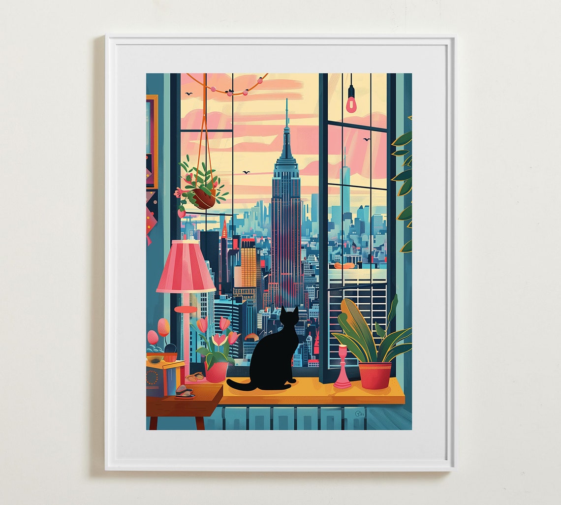Black Cat In A Cozy Window Overlooking New York City Skyline Poster