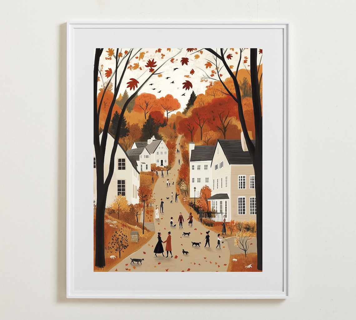 Cozy Fall Folk Art Village Street With Dogs And Falling Leaves Poster