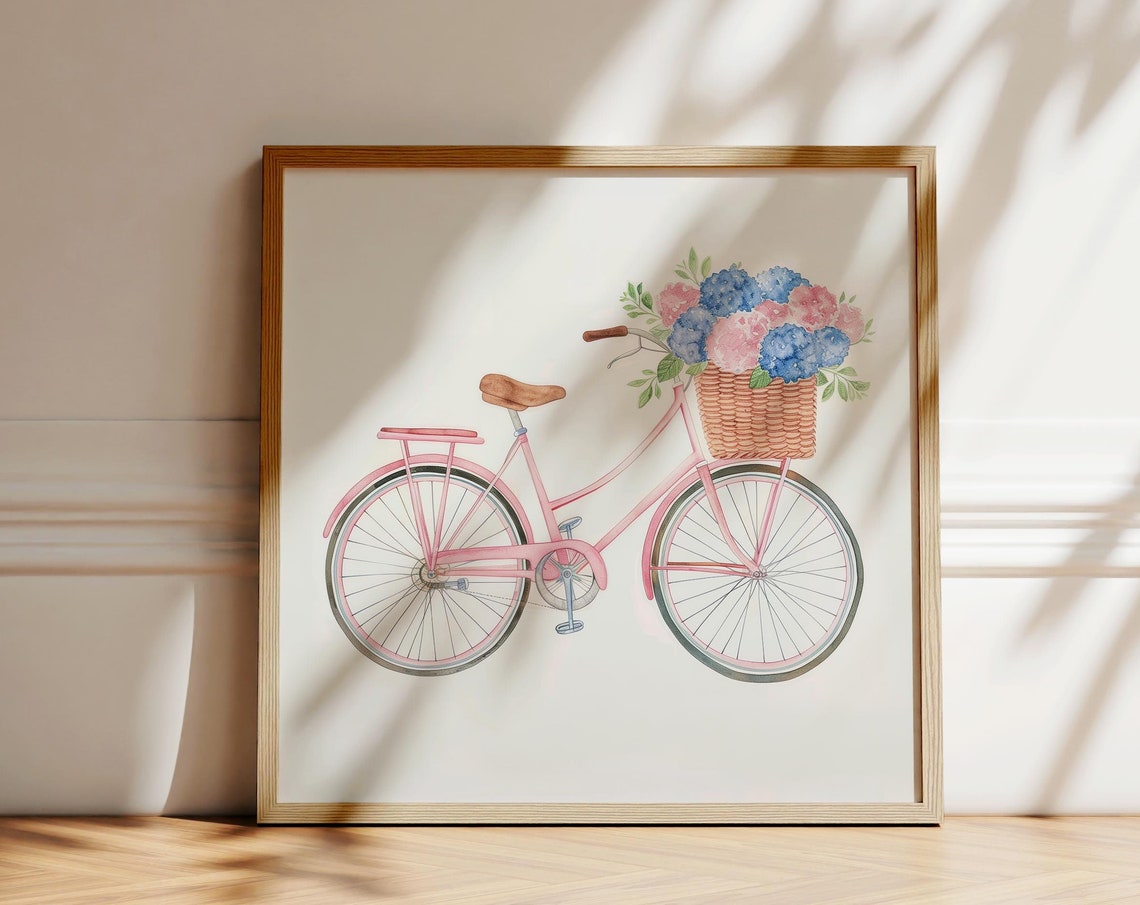Pink Bicycle Wicker Basket Hydrangea Coastal Farmhouse Art Poster