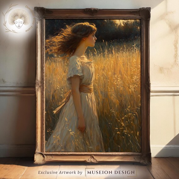 Woman in Golden Wheat Field Vintage Oil Painting Romantic Art Poster