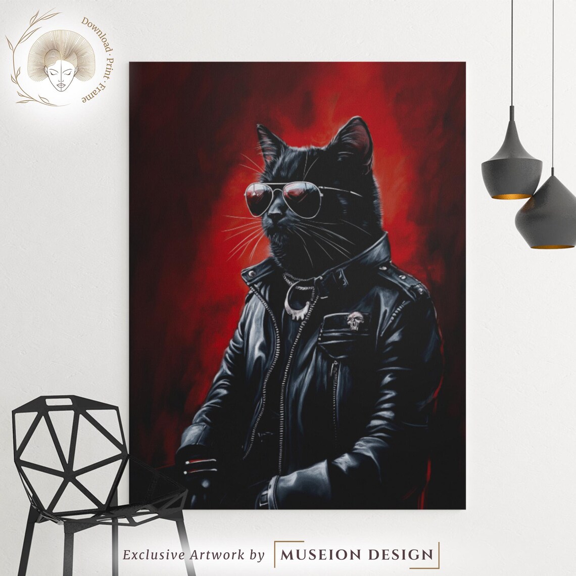 Biker Black Cat Sunglasses Leather Jacket Edgy Gothic Feline Art Poster