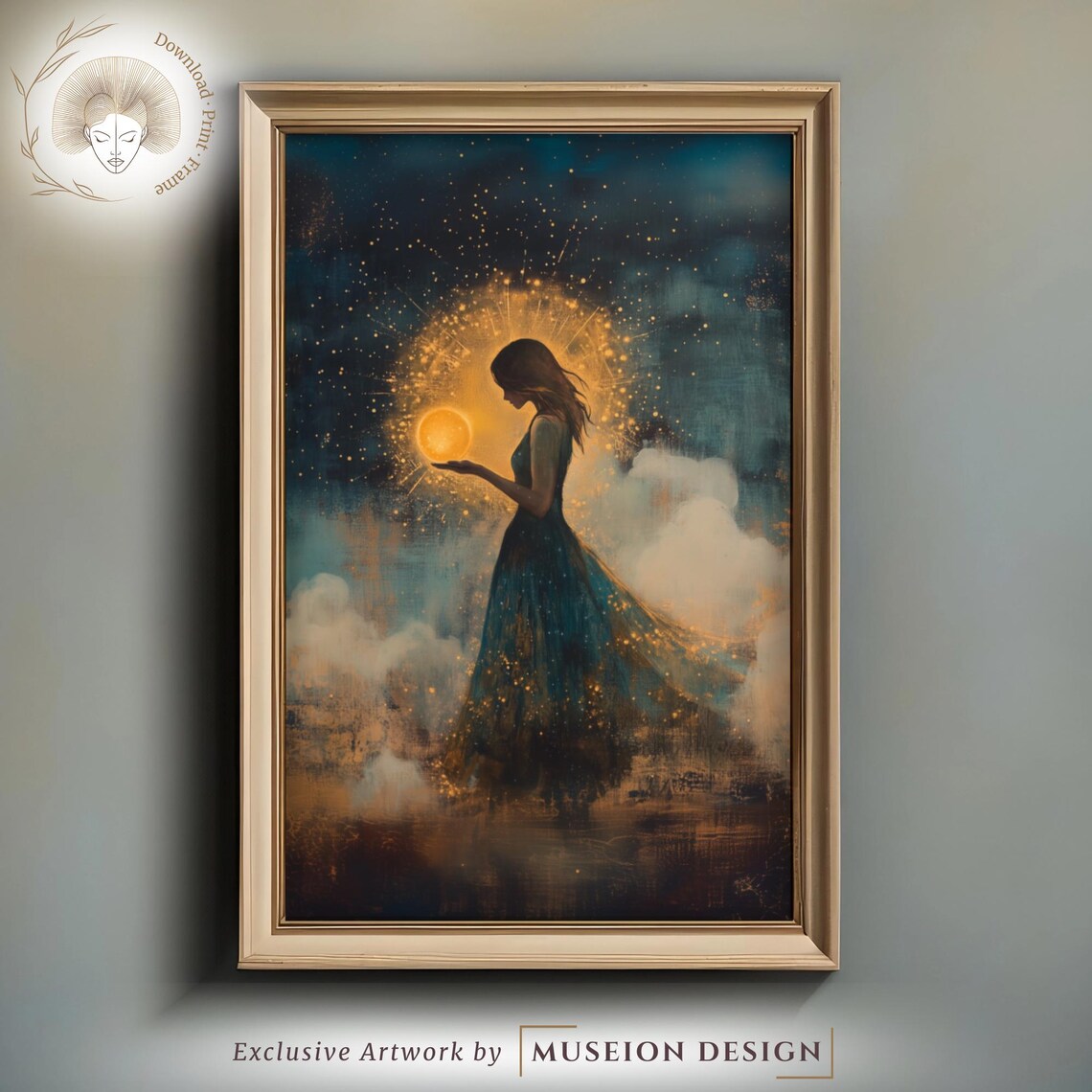 Ethereal Celestial Woman Glowing Golden Orb Starry Night Art Poster