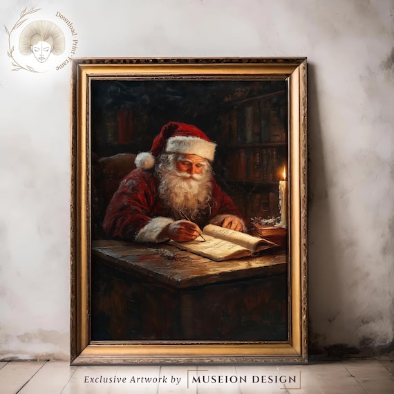 Santa Claus Writing Christmas List Vintage Holiday Oil Painting Decor Poster