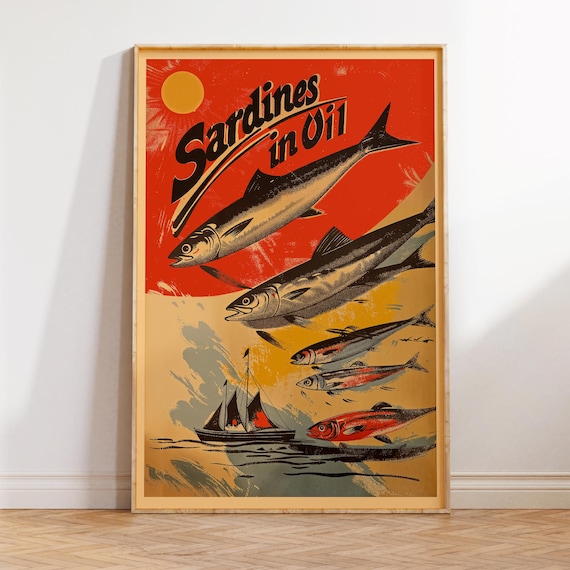 Sardines In Oil Poster Vintage Style Tinned Fish Ad Print Retro Seafood Wall Art Mid Century Kitchen Decor Nostalgic Illustration