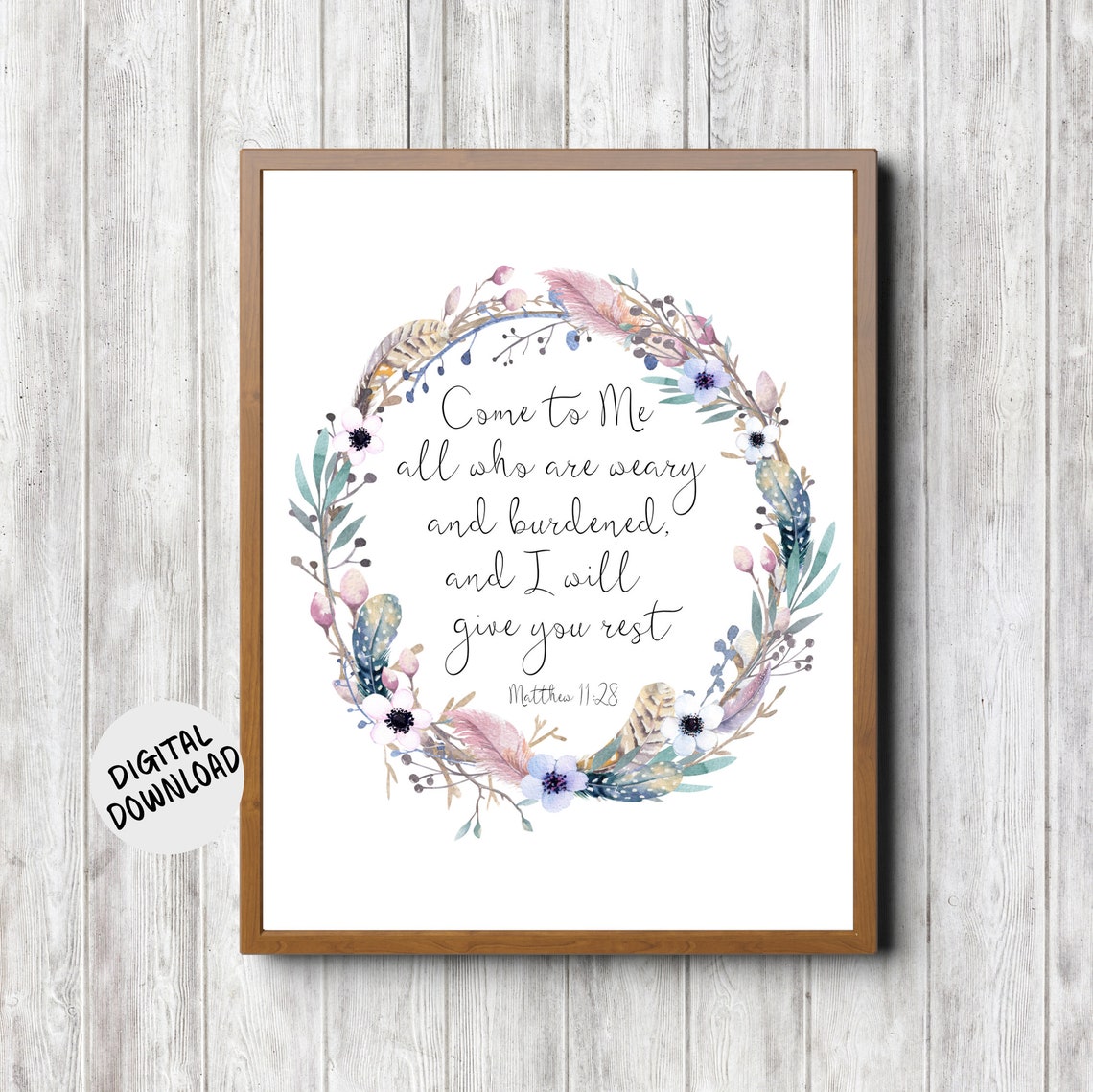 Matthew 11:28 Bible Verse Poster Come to Me Watercolor Wreath Art