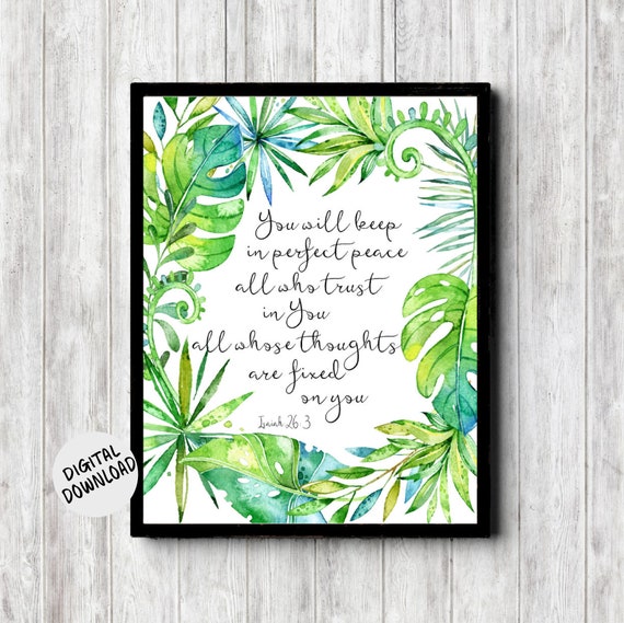 Isaiah 26 3 Scripture Wall Art For Nursery Graduation Office Watercolor Tropical Leaves Border Christian Art