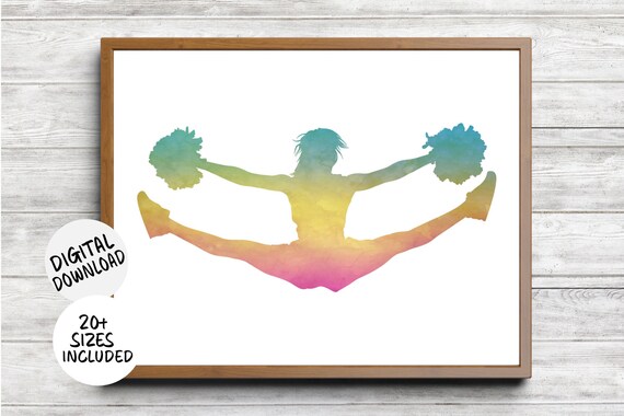 Cheerleader Toe Touch Split Leap Rainbow Watercolor Cheer Squad Room Poster