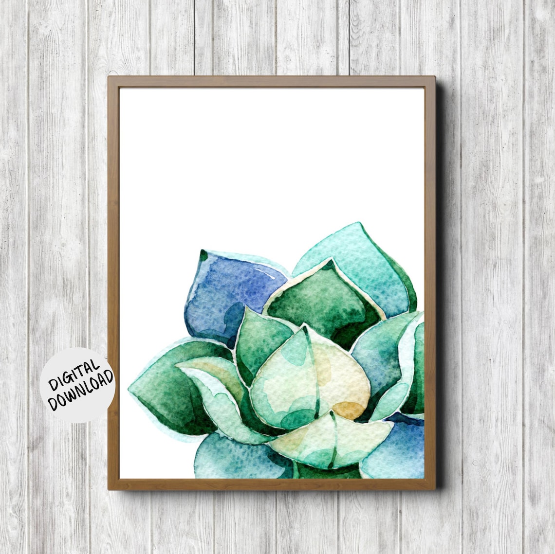 Blue Green Watercolor Succulent Plant Botanical Close Up Art Poster