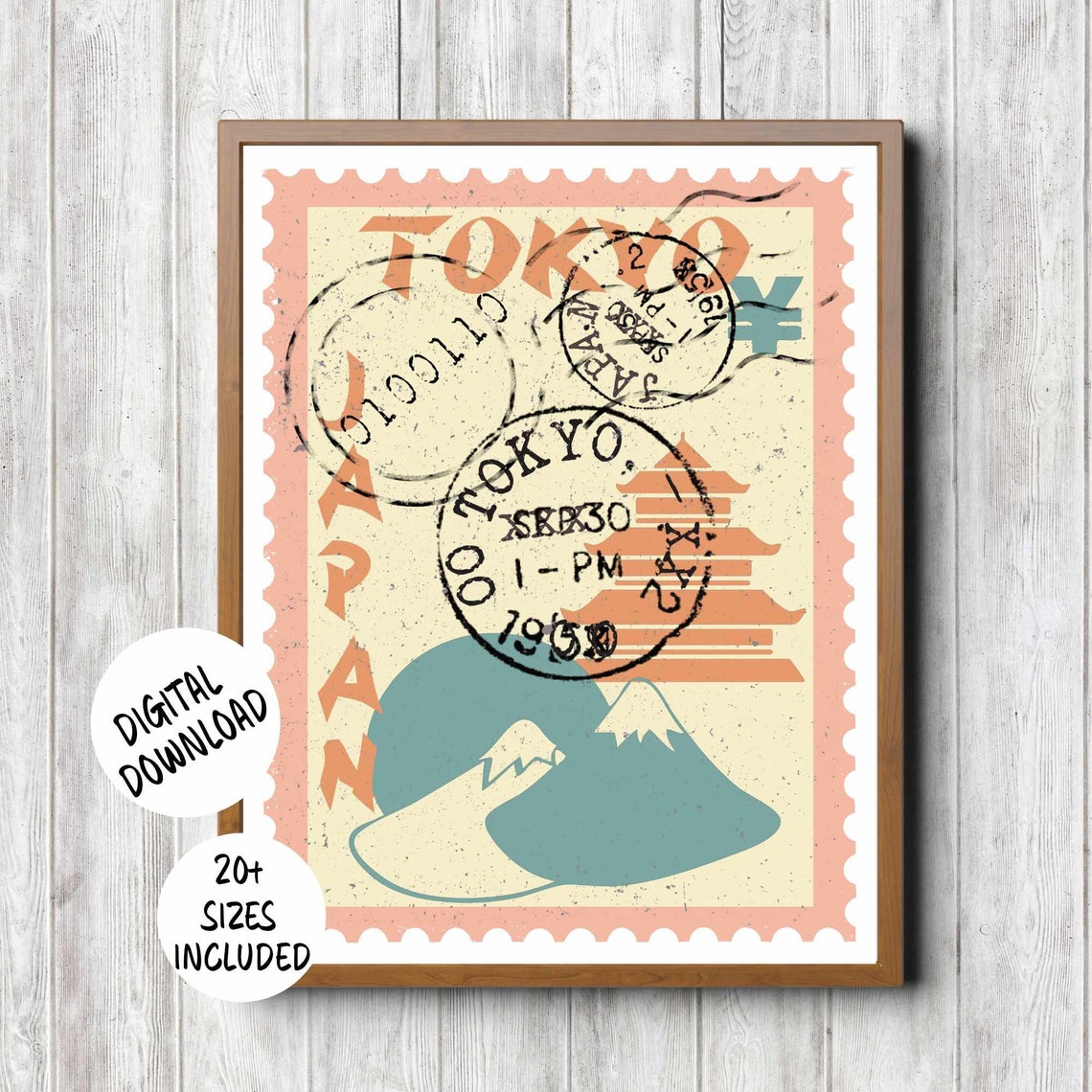Tokyo Japan Retro Postage Stamp Style Mount Fuji Travel Poster