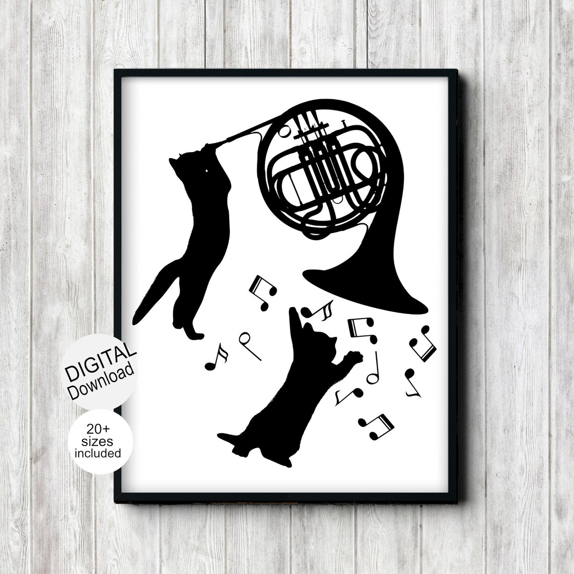 Cats Playing French Horn Black Silhouette Music Notes Funny Wall Art