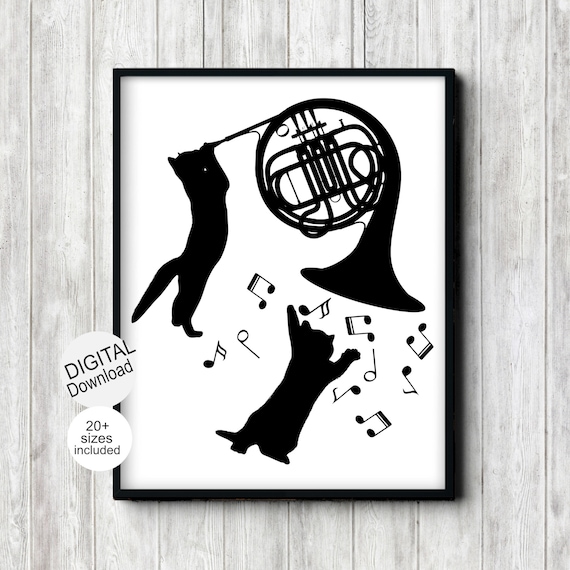 Cats Playing French Horn Black Silhouette Music Notes Funny Wall Art