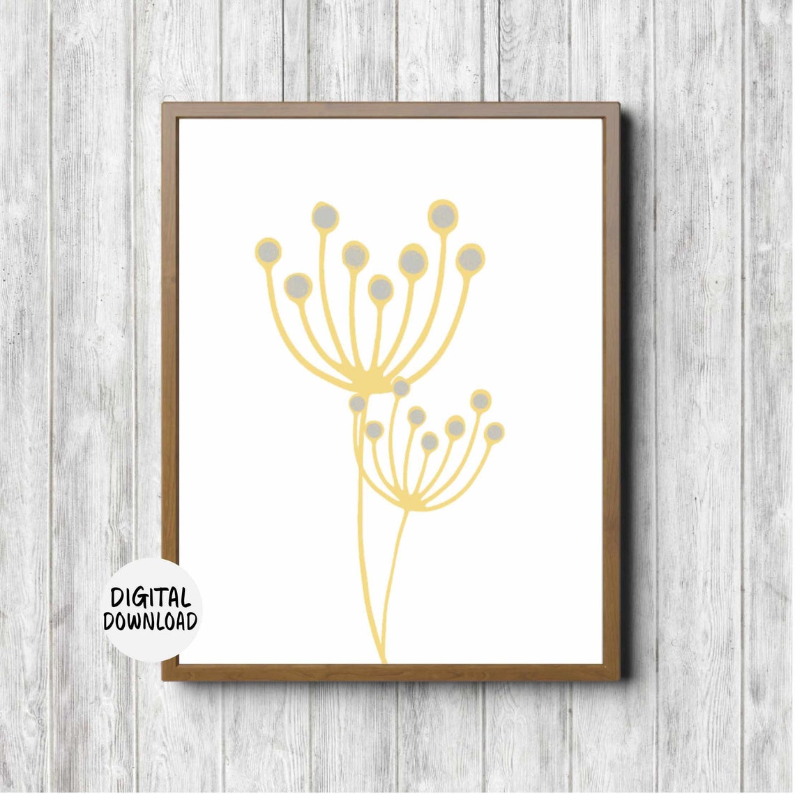 Pale Yellow Stems Gray Dots Minimalist Botanical Flower Poster