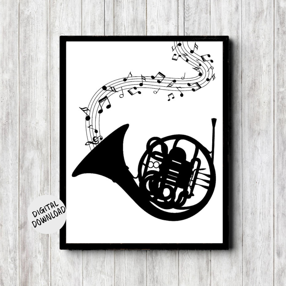 French Horn With Music Notes Monochrome Art Print