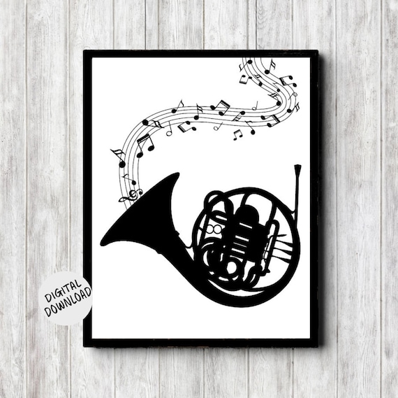 French Horn With Music Notes Monochrome Art Print