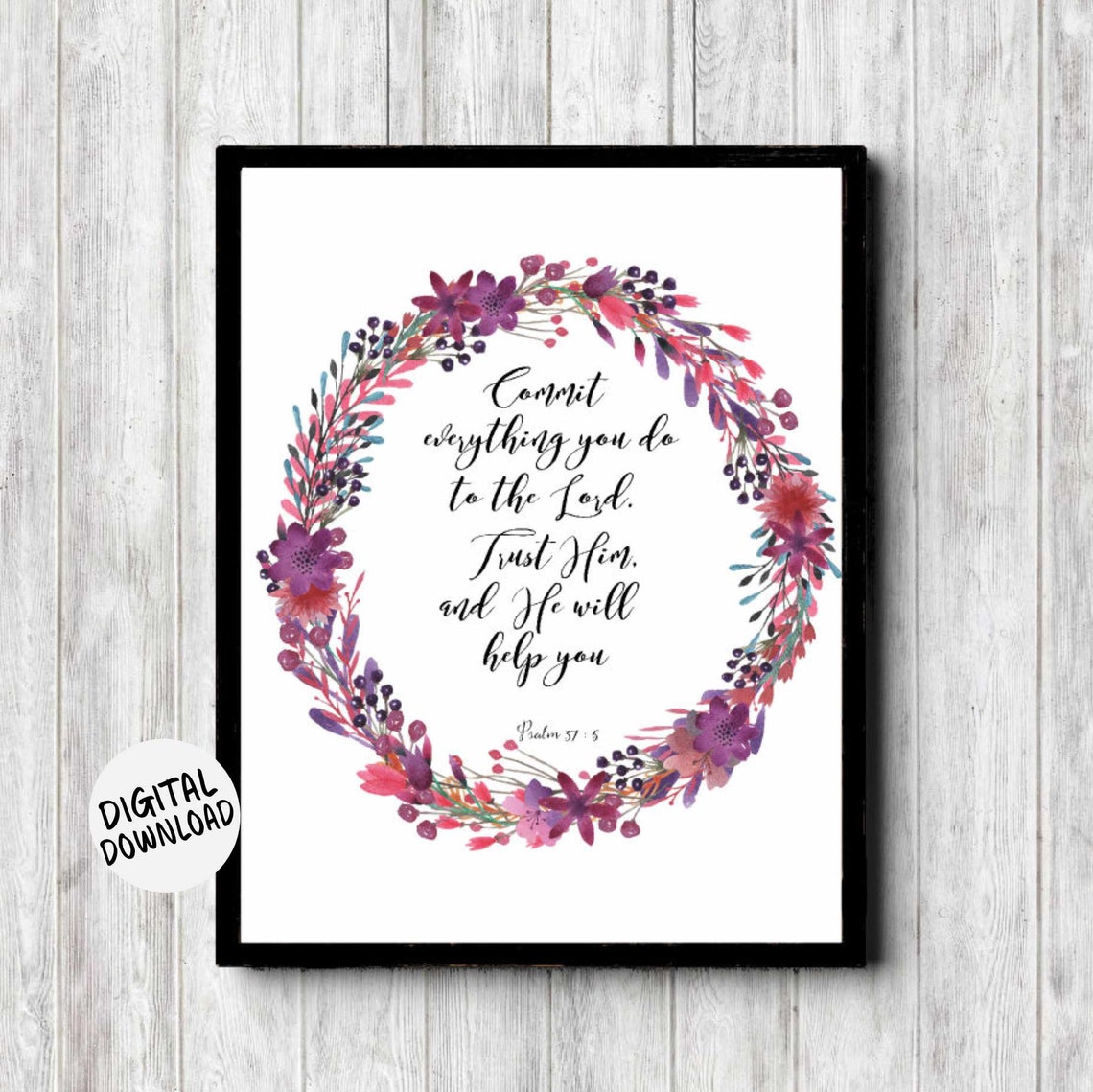 Psalm 37 5 Commit To The Lord Floral Wreath Watercolor Art Print