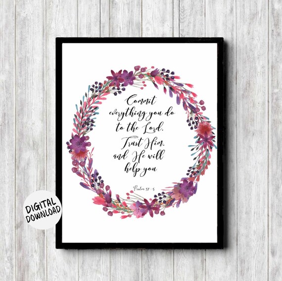 Psalm 37 5 Commit To The Lord Floral Wreath Watercolor Art Print