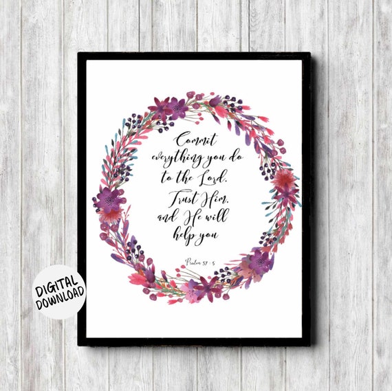 Watercolor Wreath Scripture Wall Art Psalm 37 5 Decor Trust In Him Bible Verse Christian Gift For Her