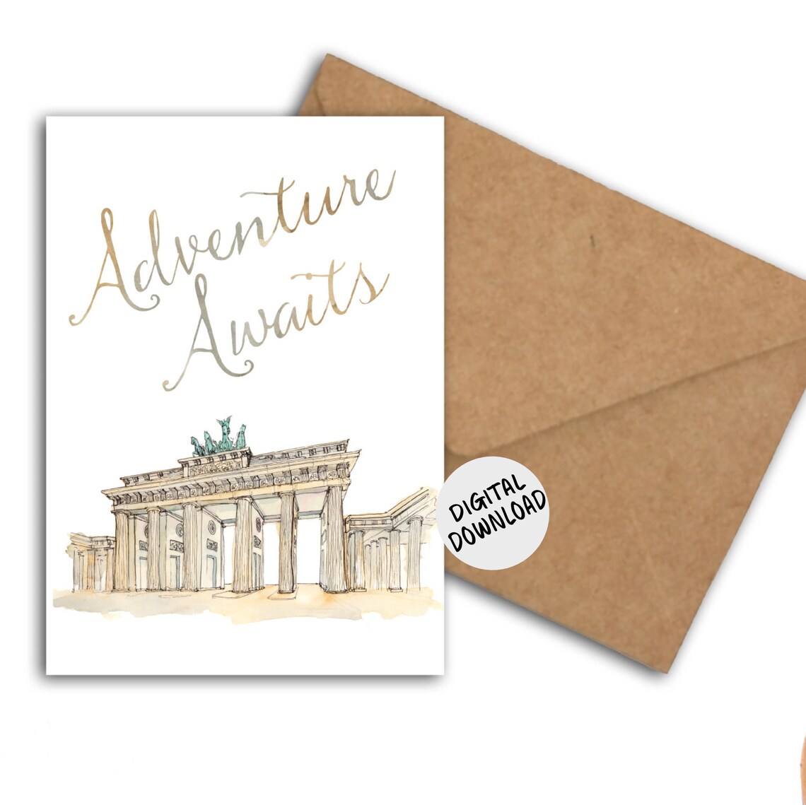 Adventure Awaits Brandenburg Gate Watercolor Travel Card Art Print