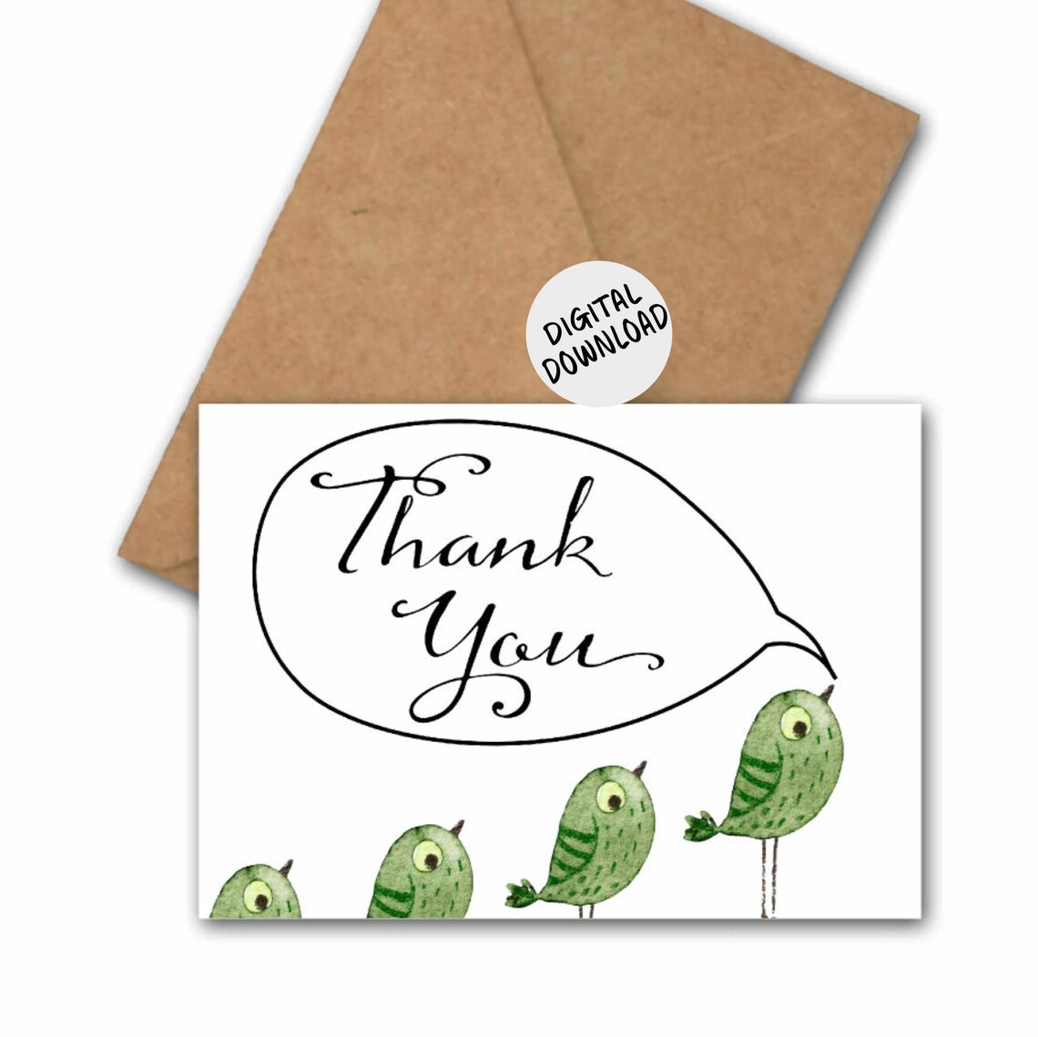 Thank You Quirky Green Watercolor Birds Card Digital Download Print