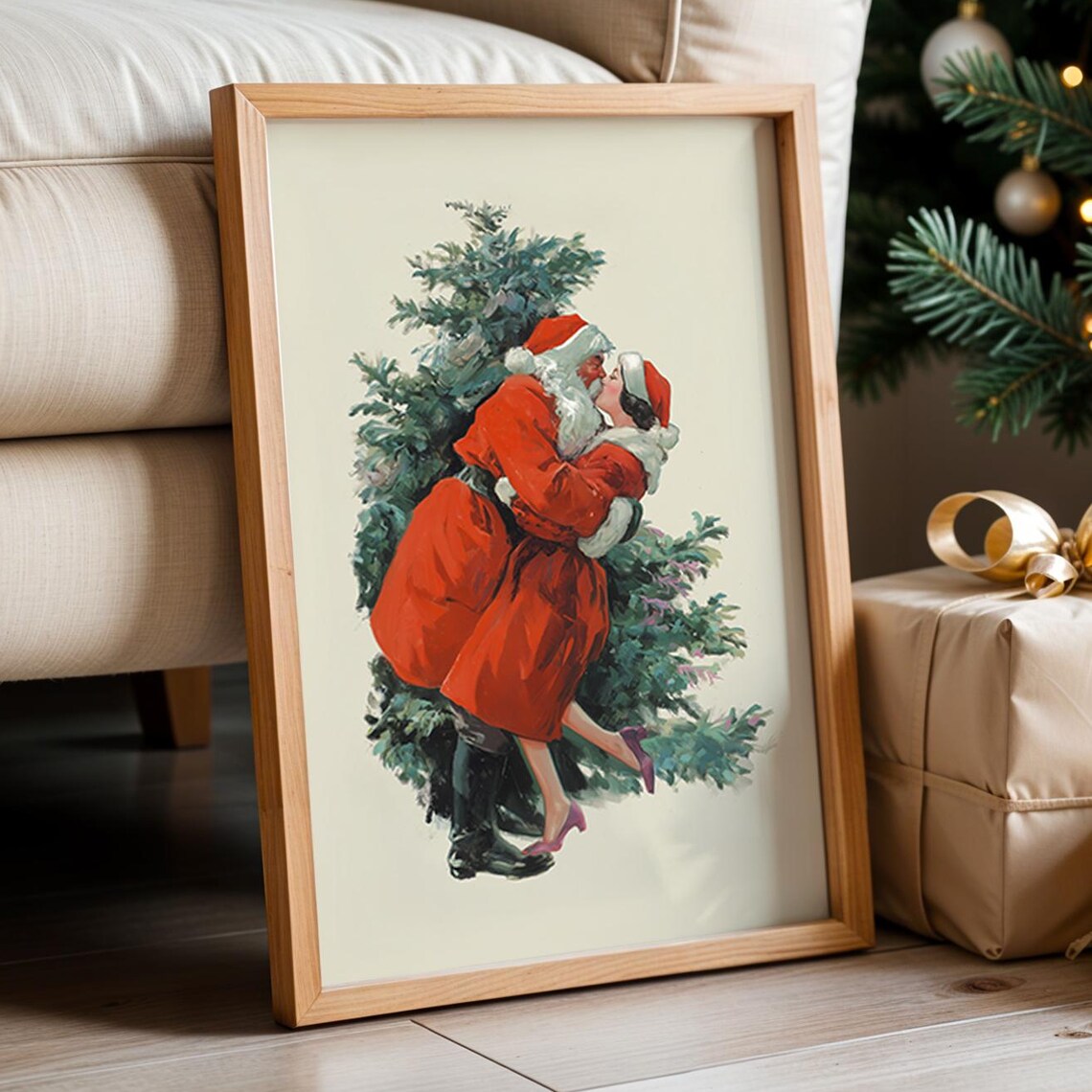 Funny Santa Mrs Claus Kiss Retro Christmas Poster