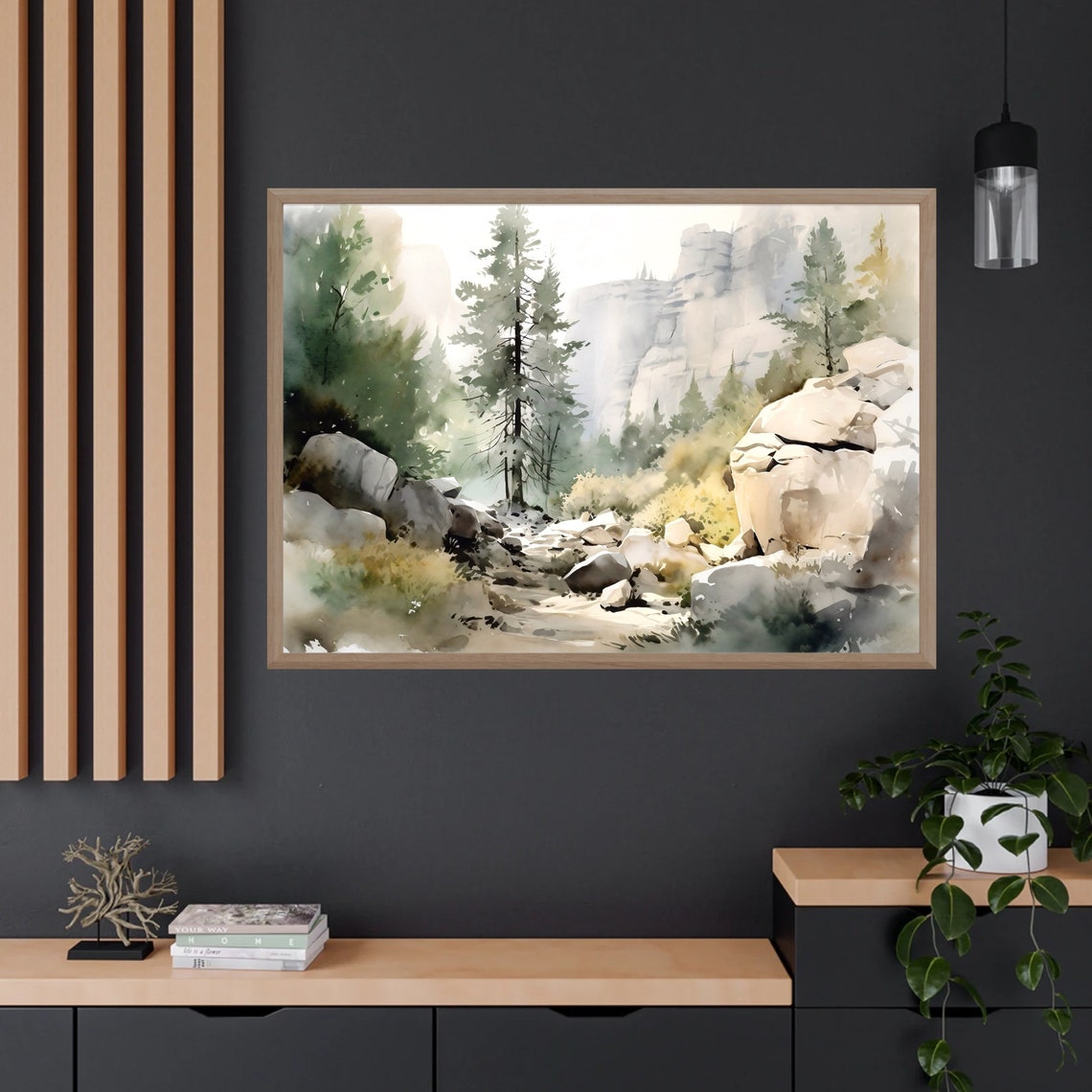 Rocky Forest Stream Watercolor Painting with Pines and Cliffs Poster - Image 3