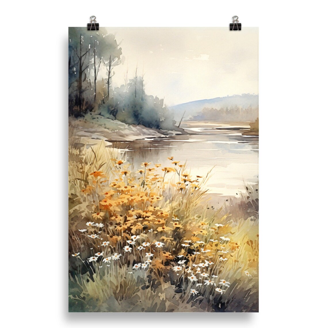 Golden Meadow Wildflowers Beside a Quiet River Watercolor Poster - Image 5