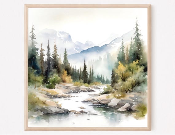 Mountain River Landscape Watercolor Painting Pine Tree Wall Art Neutral Landscape Light Blue Green Art Print Abstract Watercolor Gift Art
