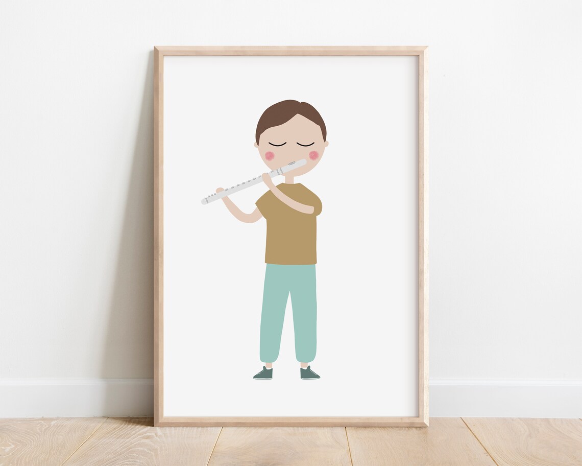 Cute Flute Player Boy Minimalist Kids Music Room Decor Art Print