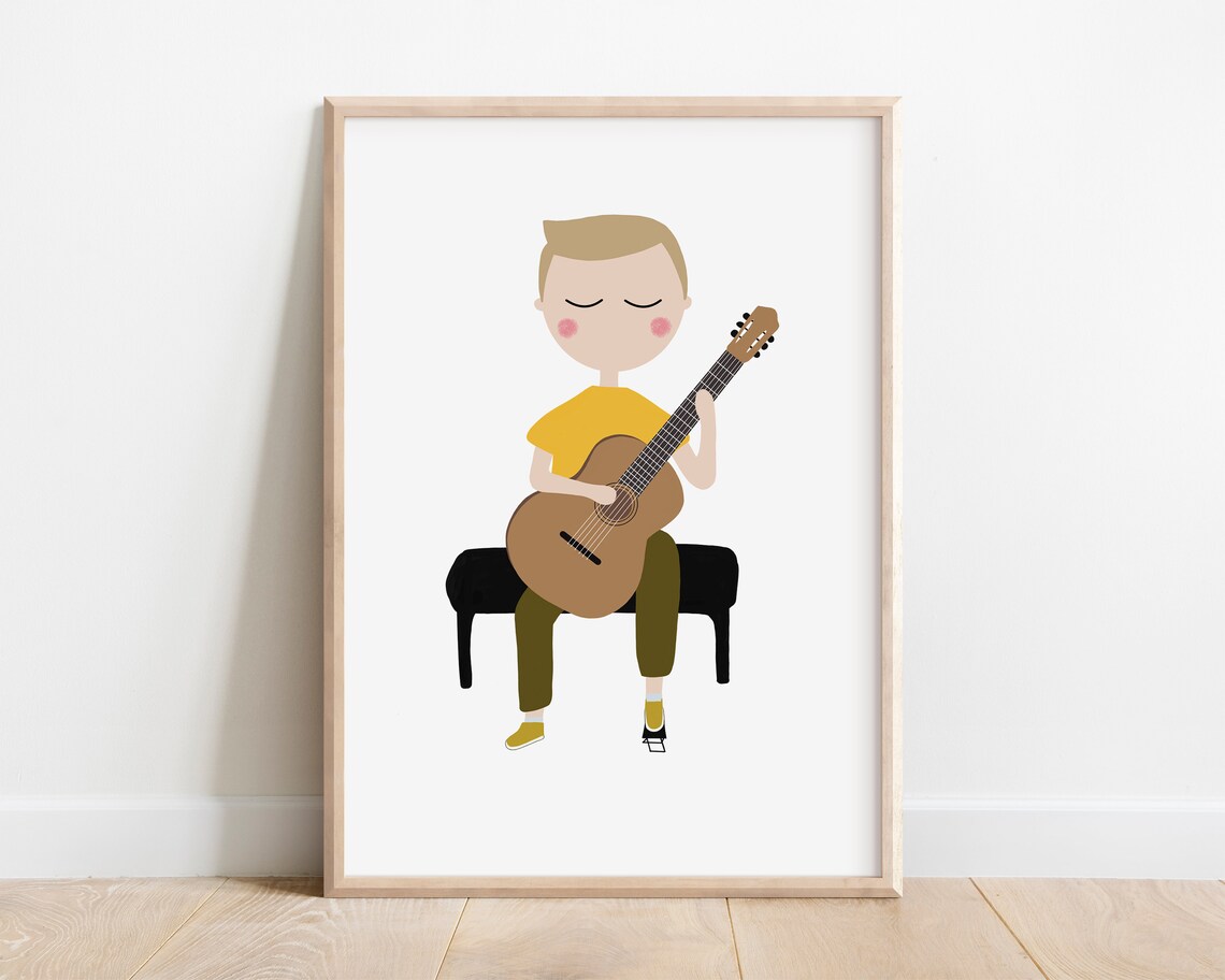 Guitar Player Boy Minimalist Kids Music Room Decor Art Print