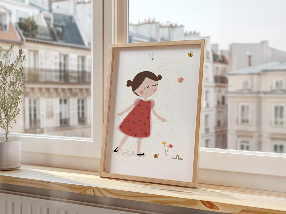 Ladybug Girl in Red Polka Dot Dress with Cute Bugs Spring Day Poster - Image 3