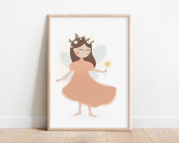 Flower Fairy Girl with Wand and Flower Crown Magical Nursery Art Poster