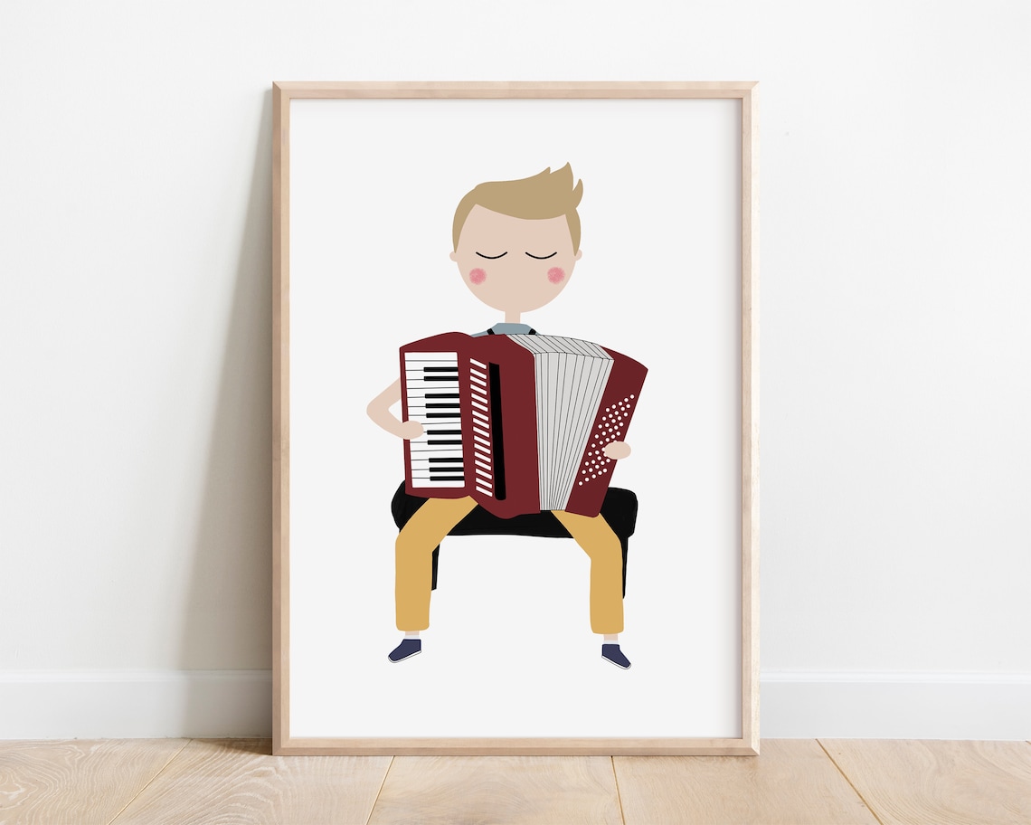 Boy Playing Red Piano Accordion Kids Music Instrument Illustration Poster