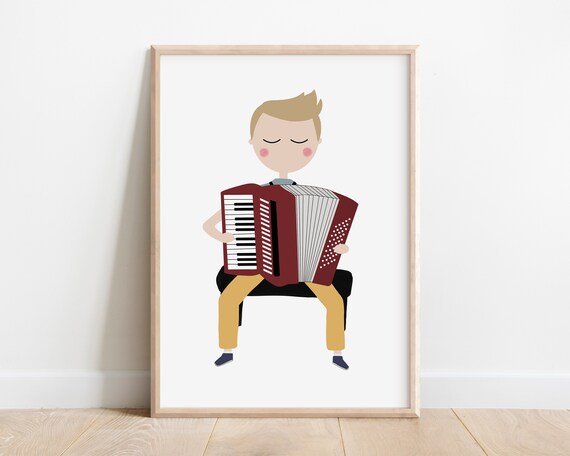 Boy Playing Red Piano Accordion Kids Music Instrument Illustration Poster