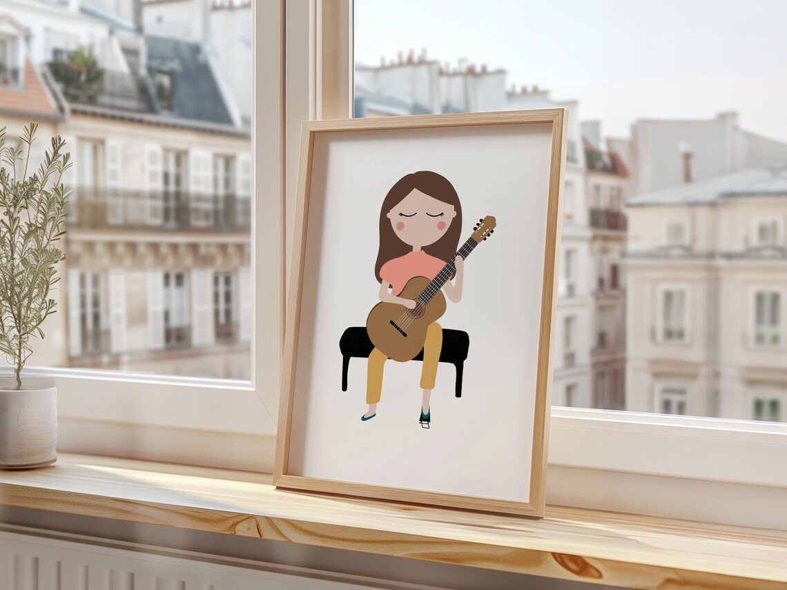 Girl Playing Classical Guitar Seated Kids Music Instrument Art Poster - Image 2