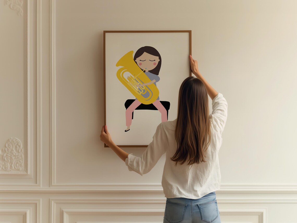 Girl Playing Golden Tuba Seated Kids Brass Instrument Music Art Poster - Image 2