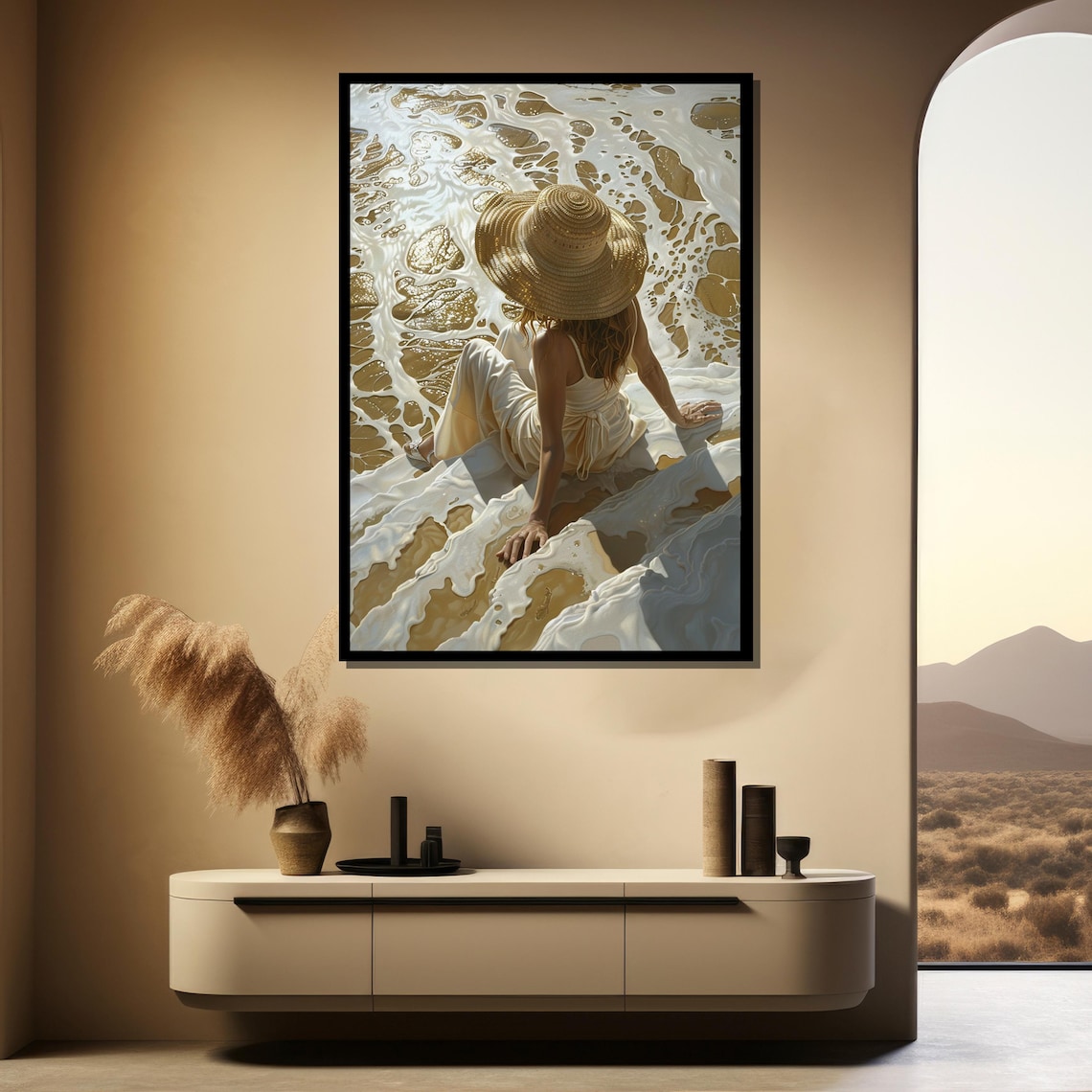 Woman in Straw Hat Sitting in Ocean Foam Waves Aerial Beach View Painting Poster - Image 3