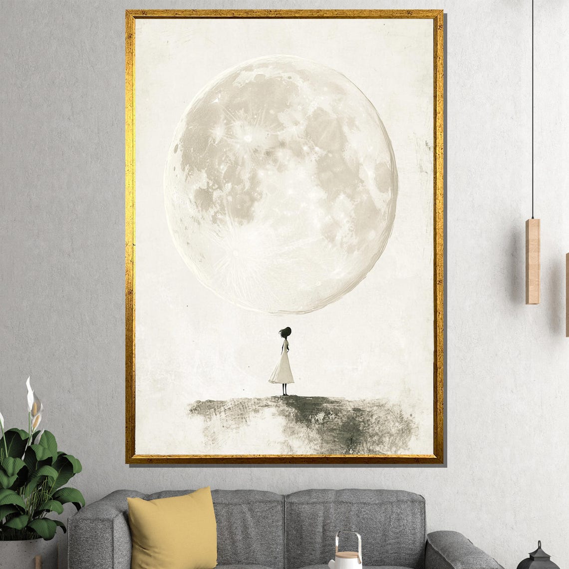 Tiny Girl Gazing Giant Full Moon Minimalist Dream Art Poster