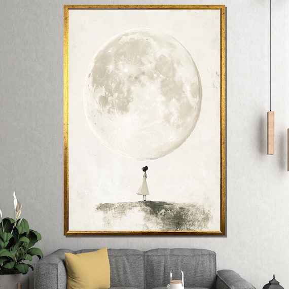 Tiny Girl Gazing Giant Full Moon Minimalist Dream Art Poster