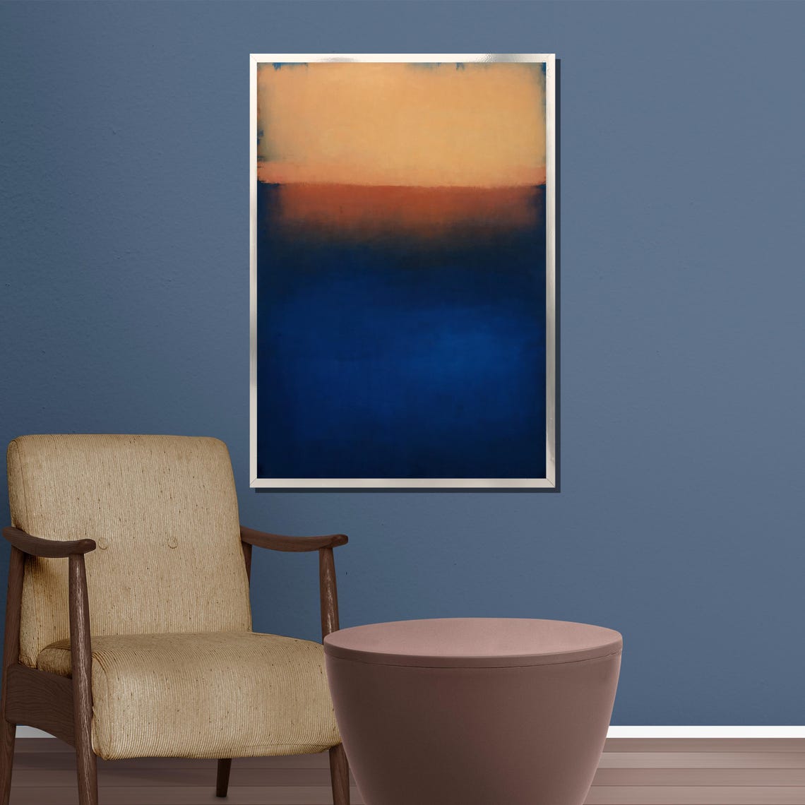 Burnt Orange and Deep Blue Color Field Abstract Modern Art Poster - Image 2